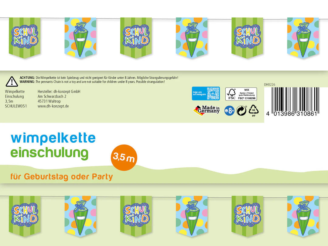 Girlande Schulkind zur Einschulung, 10 Wimpel, 3.5m