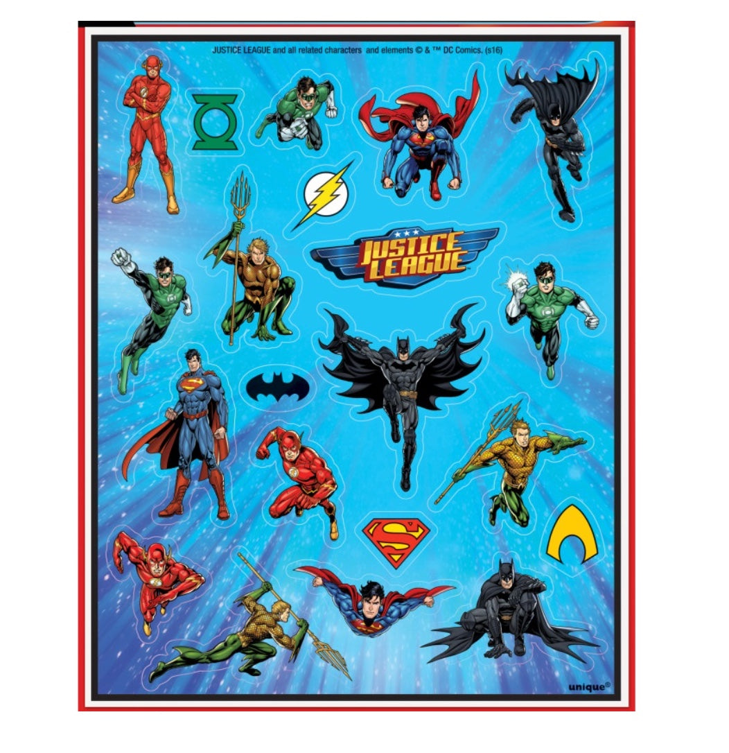 Stickers Justice League als Mitgebsel & Partyspass, 21 Stück, 4 Bögen