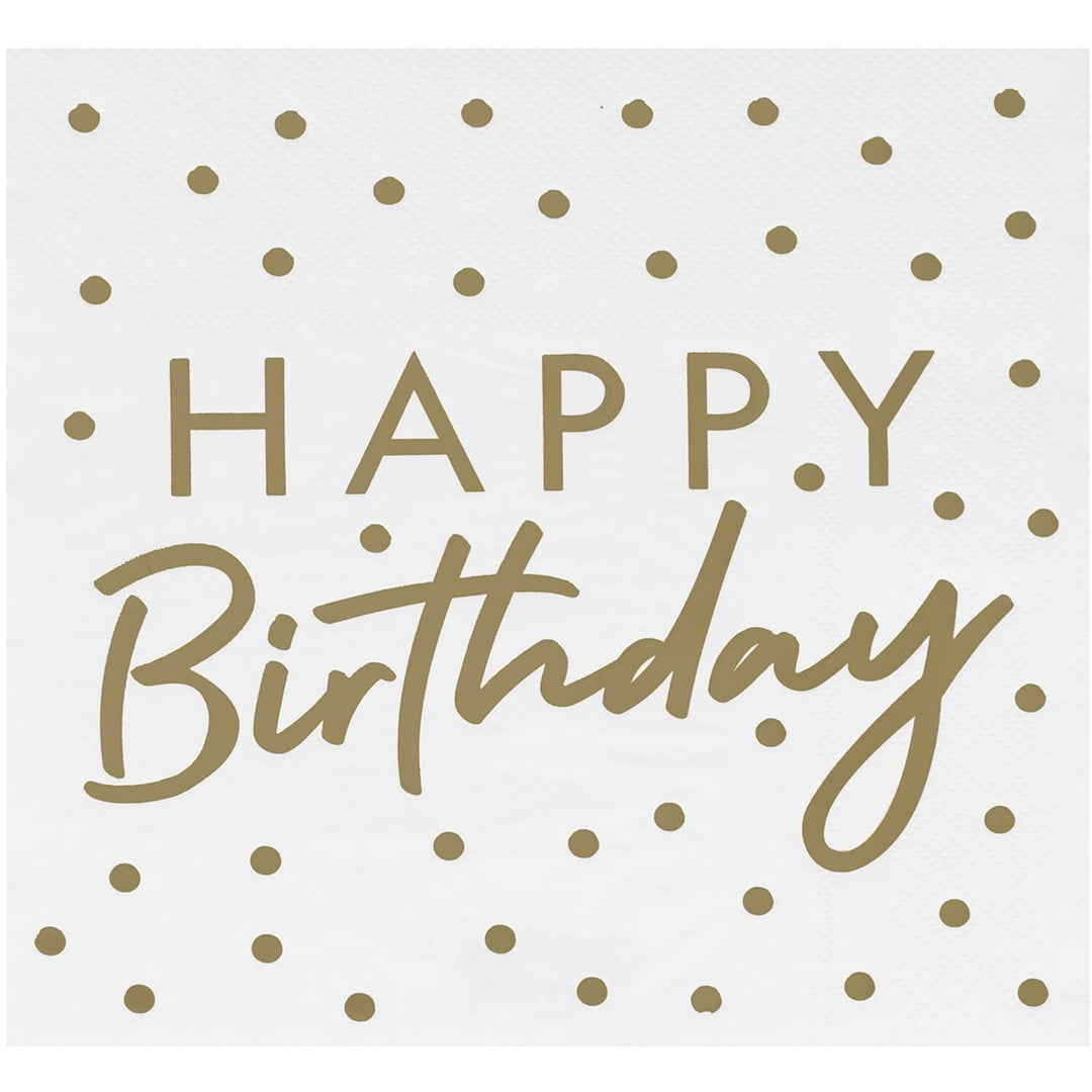 Happy Birthday Servietten Weiss mit Gold, 16 Stück