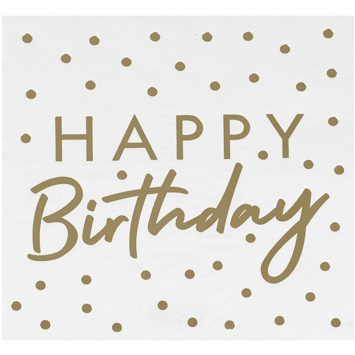 Happy Birthday Servietten Weiss mit Gold, 16 Stück