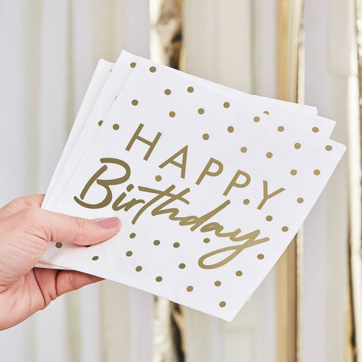 Happy Birthday Servietten Weiss mit Gold, 16 Stück