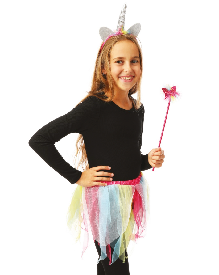 Halloween-Kostüm-Einhorn-Motiv-Einheitsgrösse-Tutu-Haarband-und-Stab