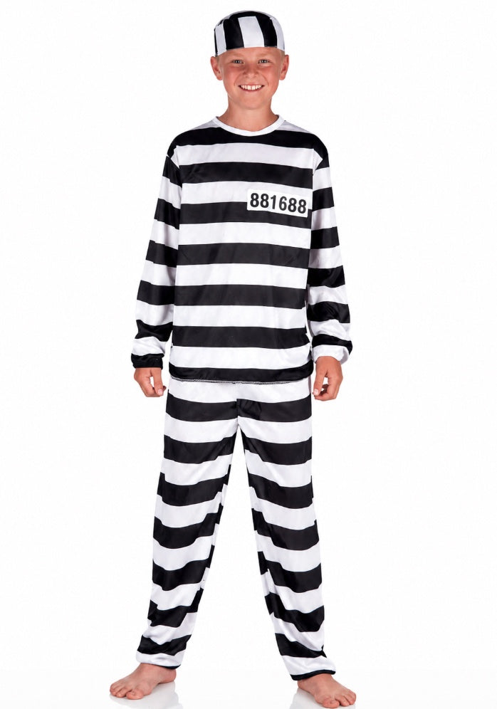 Sträflingskostüm-für-Kinder-3-teilig-7-9-Jahren-Mütze-Shirt-&-Hose