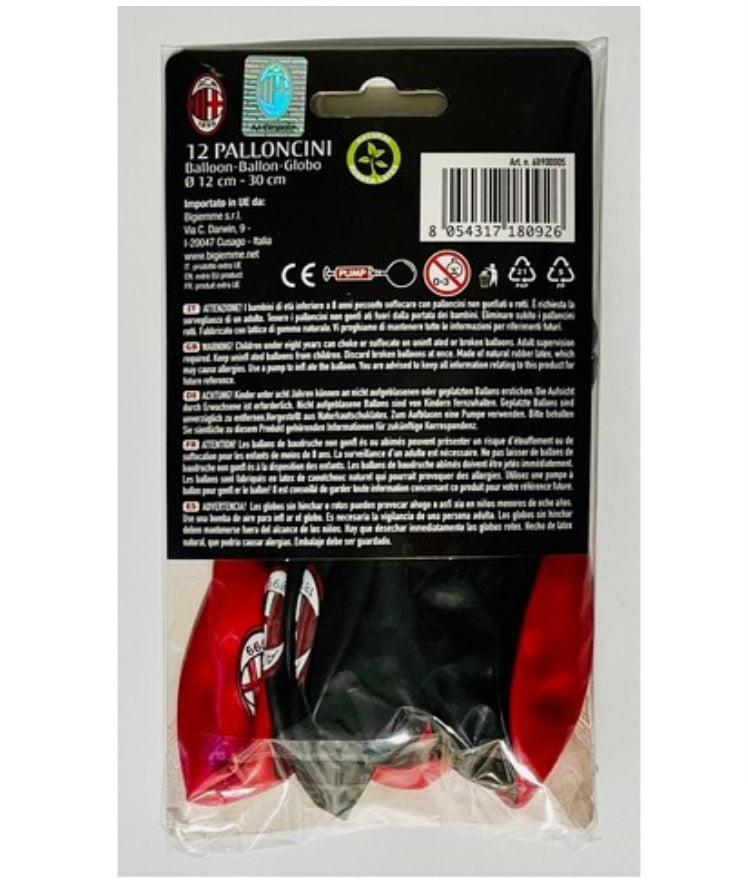 AC Milan balloons, football party, 12 pieces, 30 cm