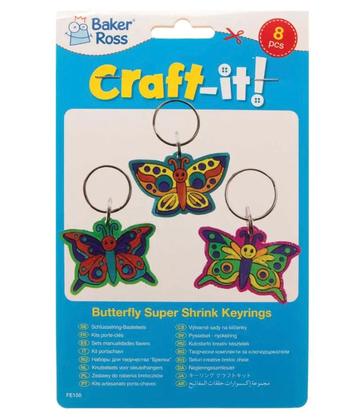 Craft set butterfly shrink plastic key ring, pack of 8
