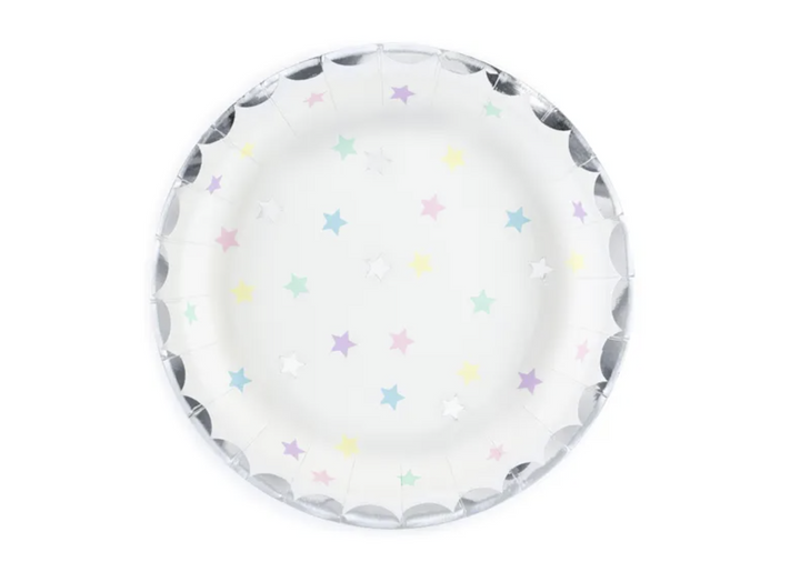 Party Teller Weiss-Silber mit Pastell-Punkten, 6er Pack, 18cm kinderparties-shop