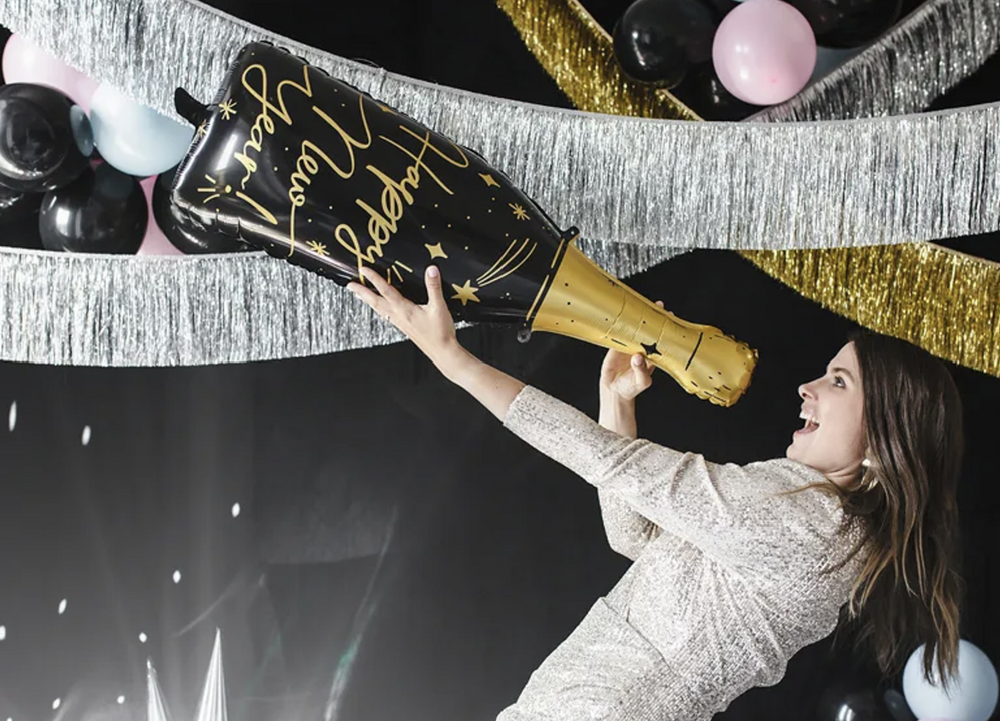 Champagner Flasche Folienballon, Happy New Year, Silvester Party, 39.5 x 98 cm kinderparties-shop