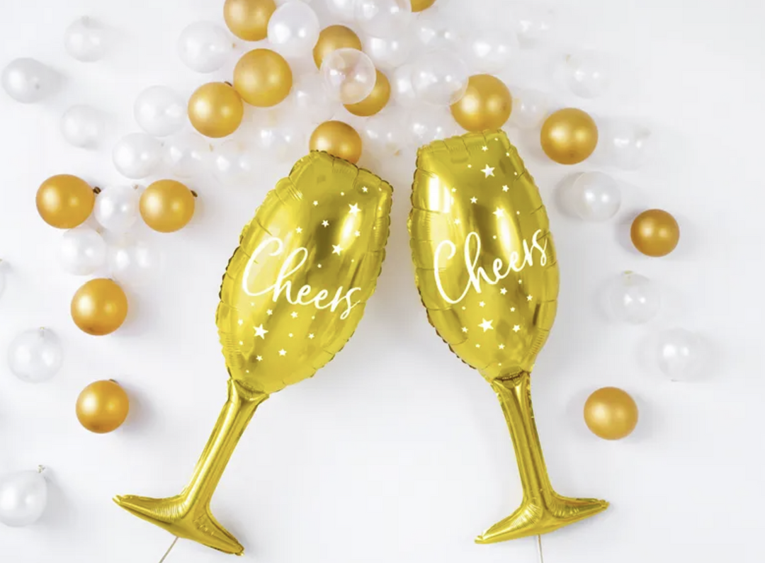 Sektglas Folienballon, Cheers, Gold, Silvester Party, 28 x 80 cm kinderparties-shop