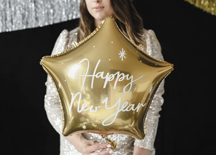 Happy New Year Folienballon, Goldener Stern, Silvesterparty, 47 x 50 cm kinderparties-shop