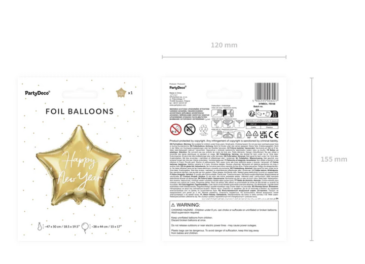 Happy New Year Folienballon, Goldener Stern, Silvesterparty, 47 x 50 cm kinderparties-shop