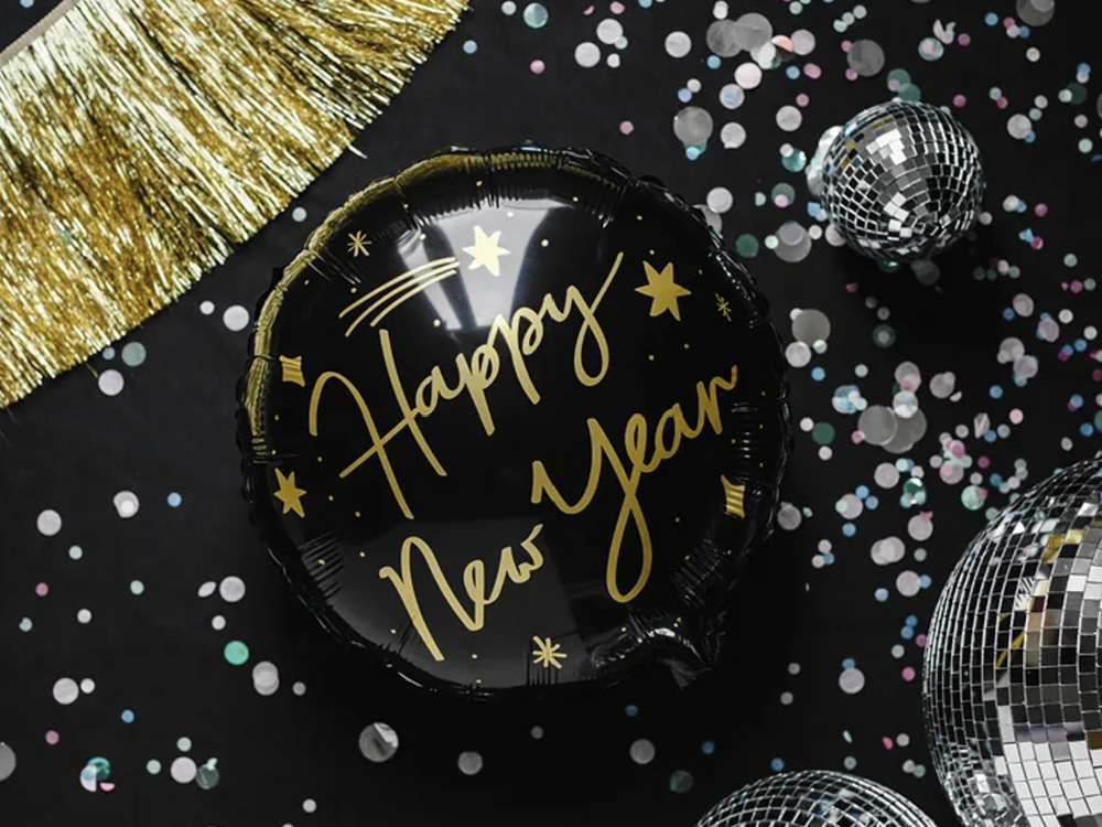 Happy New Year Folienballon, Schwarz, Silvester Party, 45cm kinderparties-shop