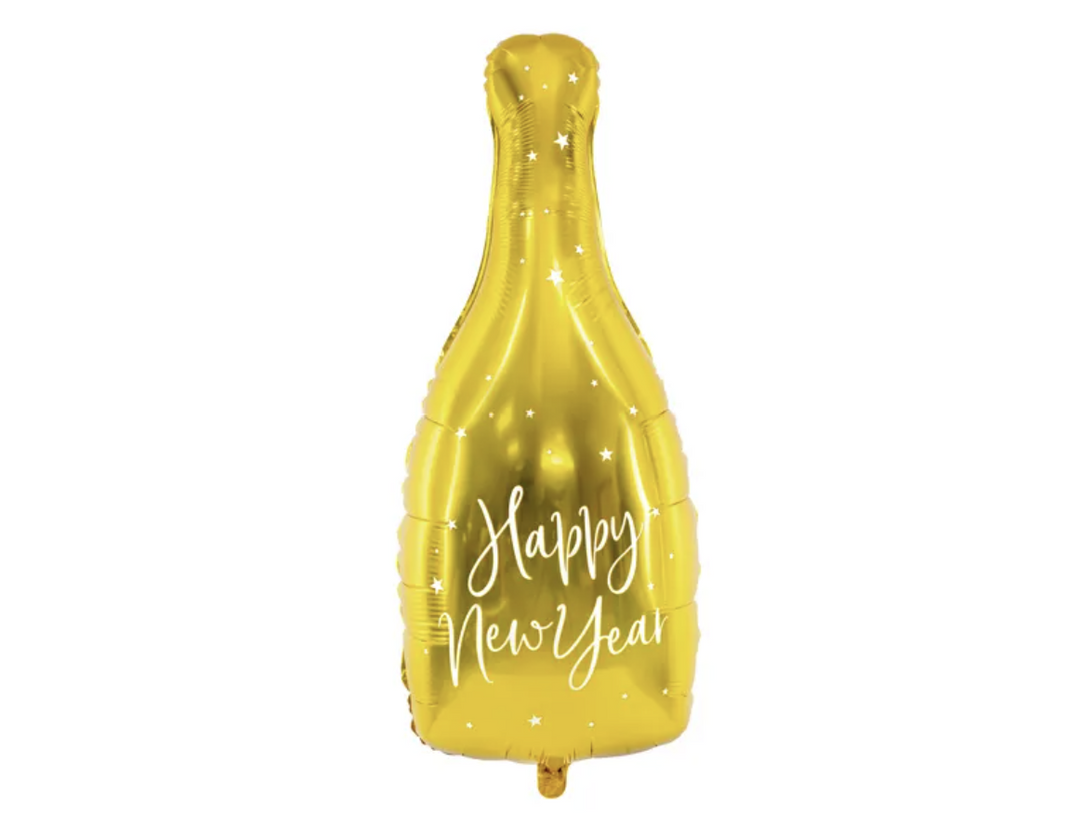 Goldene Sektflasche Folienballon, Happy New Year, Silvester Party, 32 x 82 cm kinderparties-shop