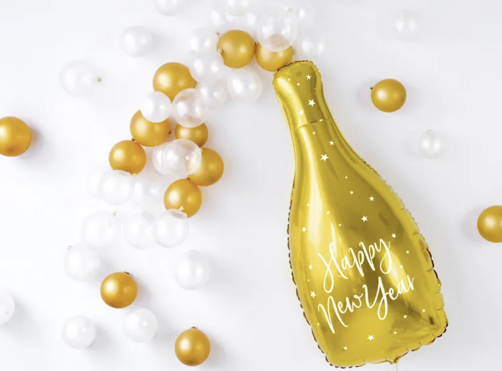 Goldene Sektflasche Folienballon, Happy New Year, Silvester Party, 32 x 82 cm kinderparties-shop