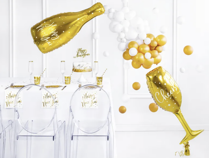 Goldene Sektflasche Folienballon, Happy New Year, Silvester Party, 32 x 82 cm kinderparties-shop