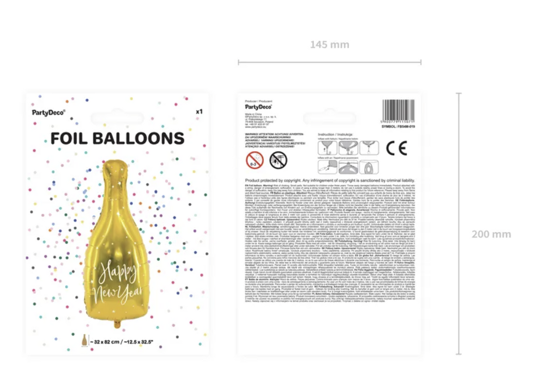 Goldene Sektflasche Folienballon, Happy New Year, Silvester Party, 32 x 82 cm kinderparties-shop