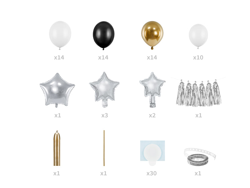 Ballongirlande Sterne schwarz-gold&silber, DIY Girlande, 90-teilig