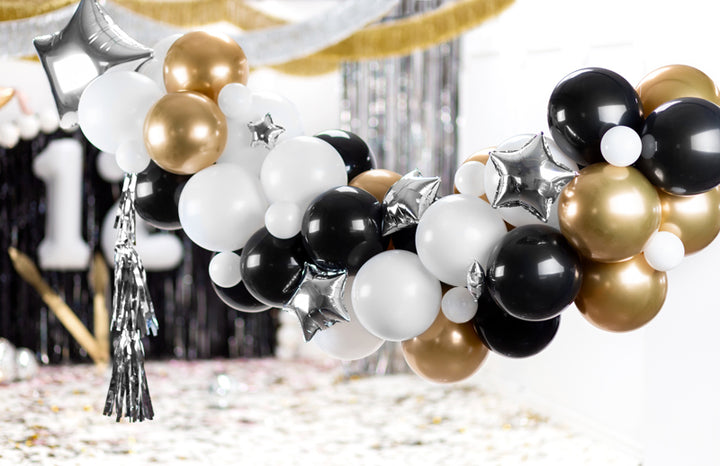 Ballongirlande Sterne schwarz-gold&silber, DIY Girlande, 90-teilig