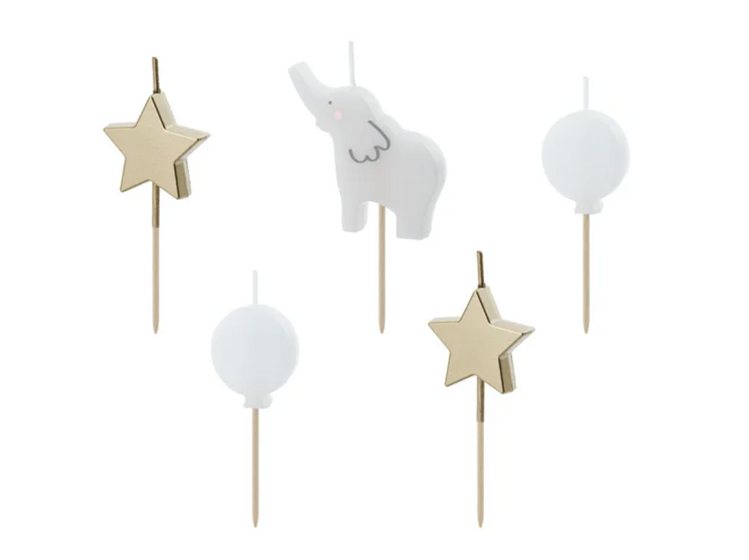 Geburtstagskerzen Elefant, grau-gold, 3-5 cm, 5 Kerzen kinderparties-shop