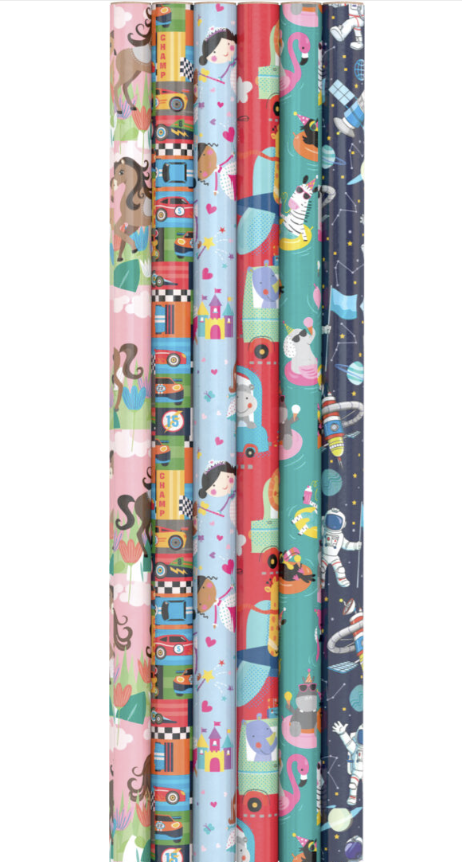 Kindergeburtstag Geschenkpapier, 6 versch. Muster, 70 X 200 cm kinderparties-shop