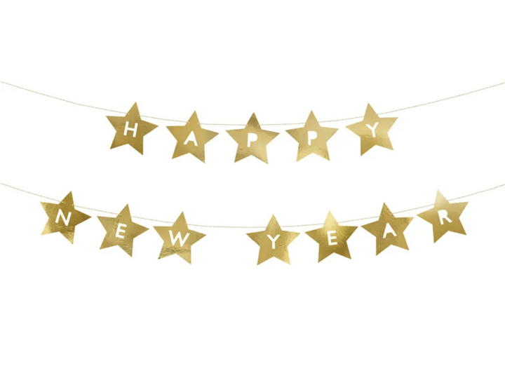 Happy New Year goldene Sternen-Girlande, 290 x17cm kinderparties-shop