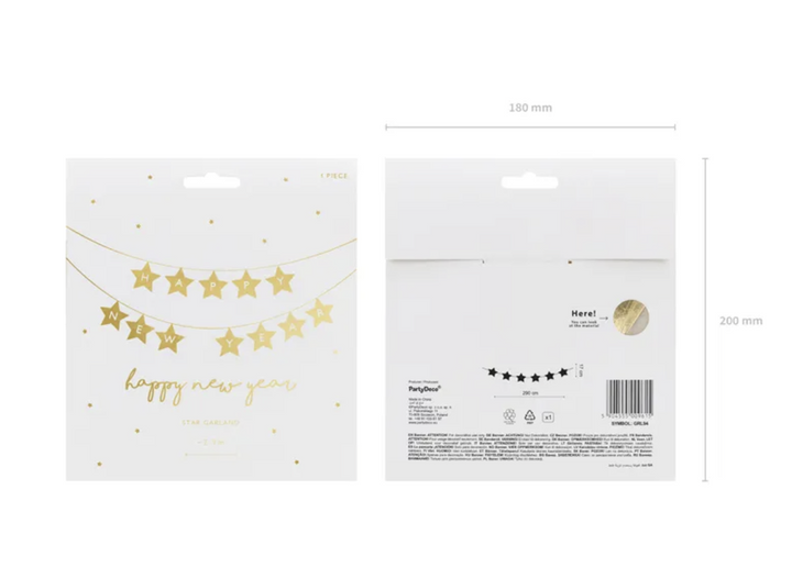 Happy New Year goldene Sternen-Girlande, 290 x17cm kinderparties-shop