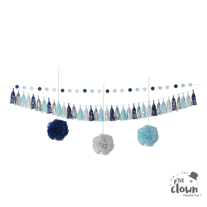 Raumdeko Set: Pompom Aufhänger & 2 Girlanden, blau, 5-tlg kinderparties-shop