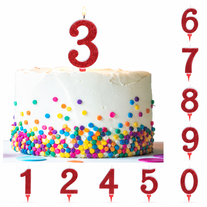 Candela numerica XL 1-9 e 0, rossa, glitter, 12 cm