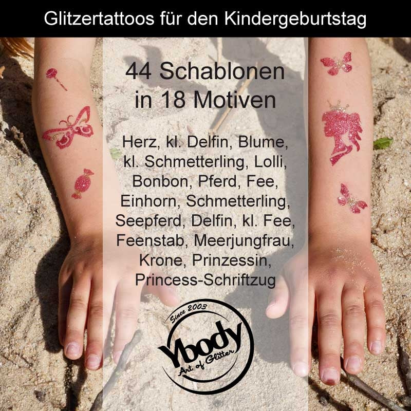 XXL Glitzertattoo Komplett-Set für Mädchen, Y-Body, 54-teilig