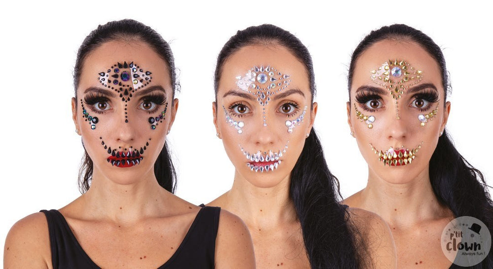Halloween Face Jewels, Strass-Gesichtsaufkleber, trick or treat Make up, 1 Motiv kinderparties-shop