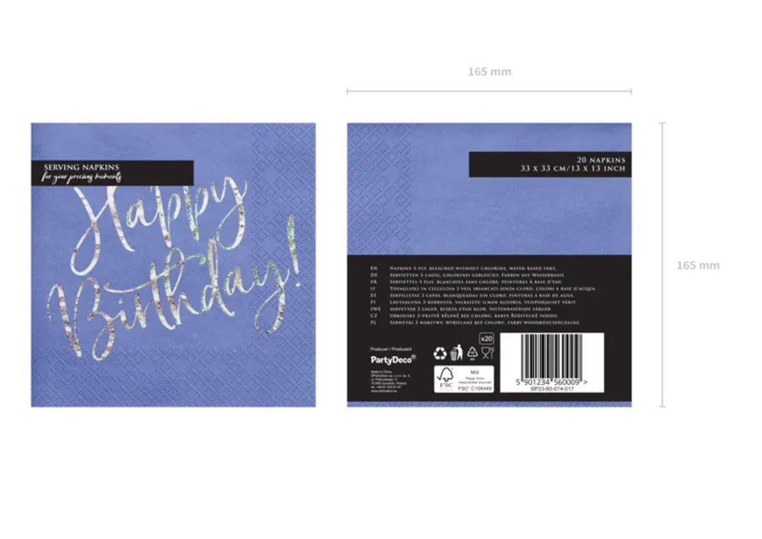 Happy-Birthday-Servietten-blau-holographisch-20er-Pack