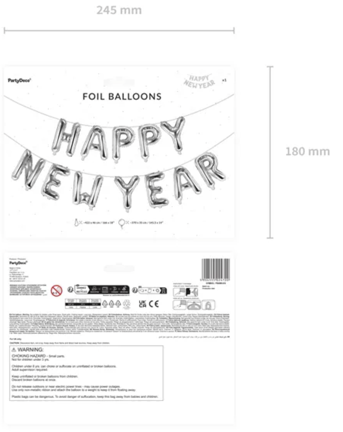 'Happy New Year' Folienballon Girlande Silber, 422 x 46cm kinderparties-shop