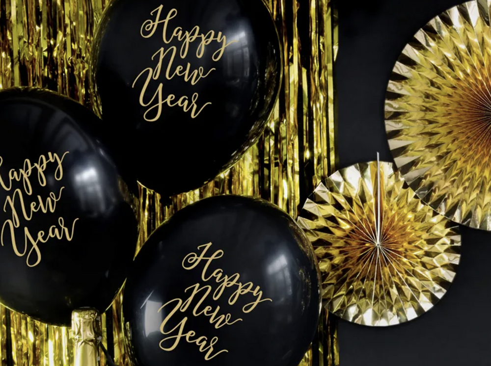 Happy New Year Luftballons, Pastell Schwarz, Silvester Party, 6er Pack kinderparties-shop