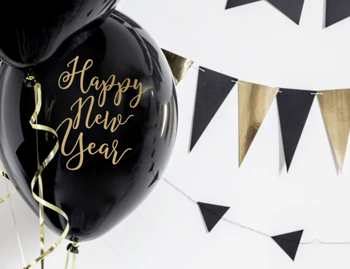 Happy New Year Luftballons, Pastell Schwarz, Silvester Party, 6er Pack kinderparties-shop