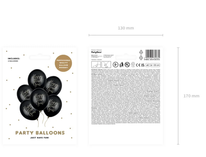 Happy New Year Luftballons, Pastell Schwarz, Silvester Party, 6er Pack kinderparties-shop