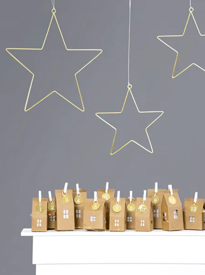 Adventskalender DIY Set, Häuschen zum Befüllen mit Holzklammer und Anhängern , 72-teilig