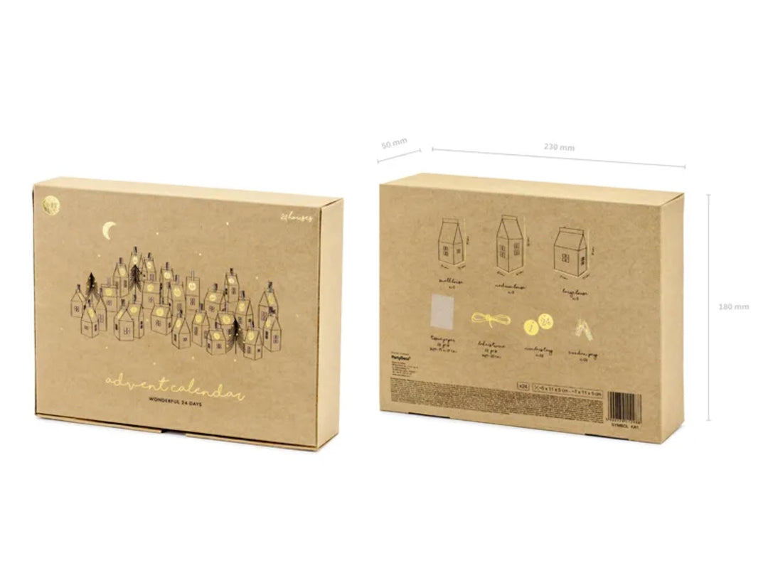 Adventskalender DIY Set, Häuschen zum Befüllen mit Holzklammer und Anhängern , 72-teilig