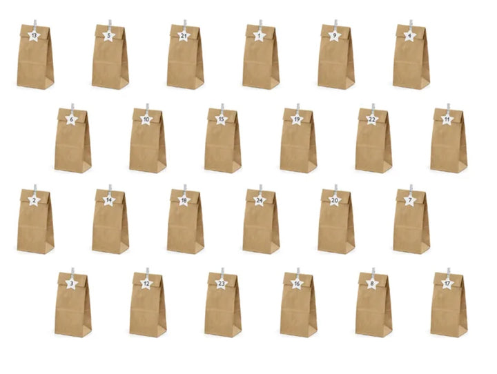 Adventskalender DIY Set, Kraftpapier Tüten zum Befüllen, mit Holzklammern und Sternen, 72-teilig