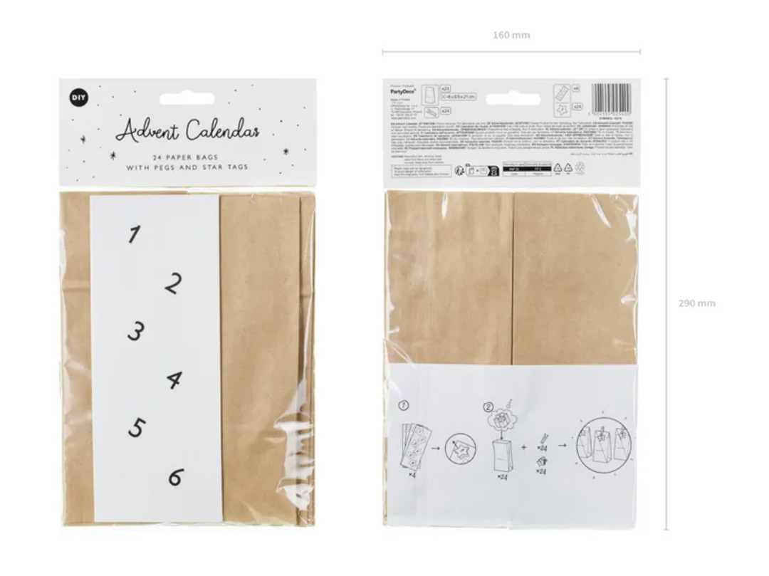 Adventskalender DIY Set, Kraftpapier Tüten zum Befüllen, mit Holzklammern und Sternen, 72-teilig