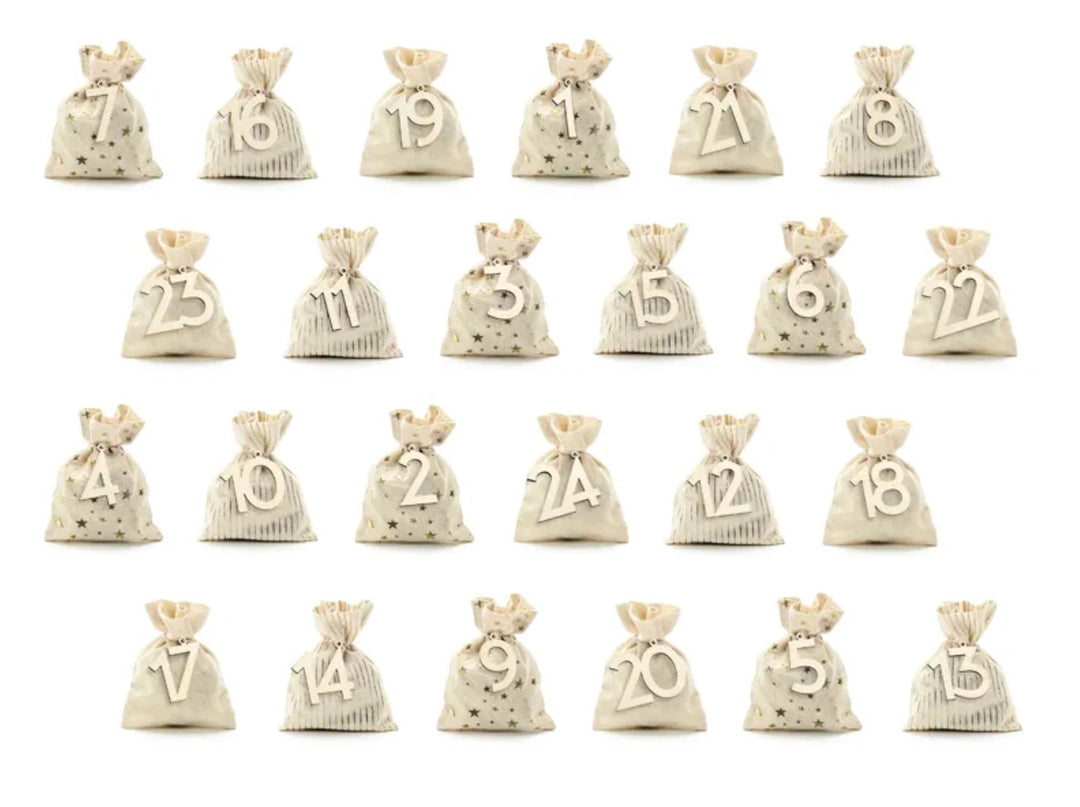 Adventskalender DIY Set, kleine Baumwoll-Säckchen zum Befüllen, mit 24 Holzzahlen, 72-teilig