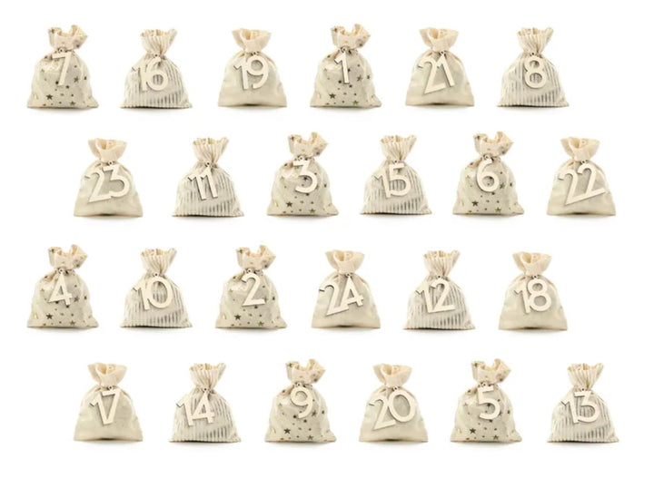 Adventskalender DIY Set, kleine Baumwoll-Säckchen zum Befüllen, mit 24 Holzzahlen, 72-teilig