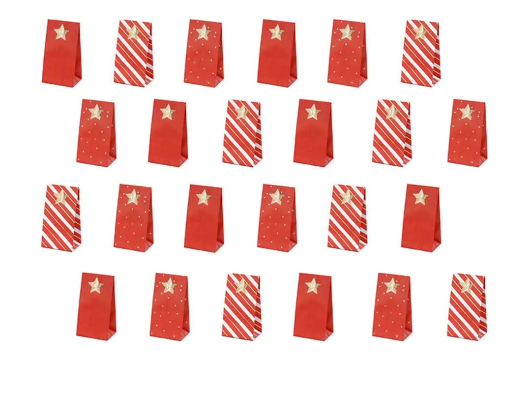 Adventskalender DIY Set, Papier Tüten zum Befüllen, Rot & Gold, mit Aufklebern, 48-teilig