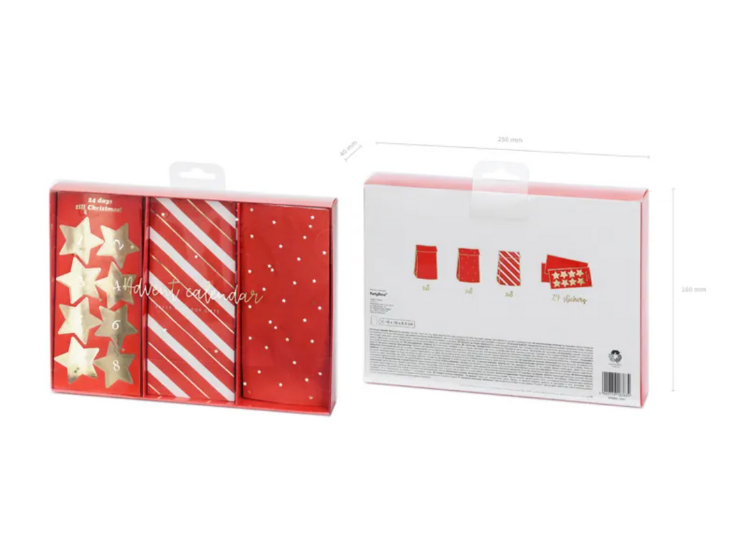 Adventskalender DIY Set, Papier Tüten zum Befüllen, Rot & Gold, mit Aufklebern, 48-teilig