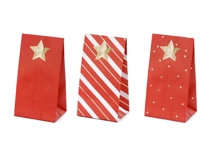 Adventskalender DIY Set, Papier Tüten zum Befüllen, Rot & Gold, mit Aufklebern, 48-teilig