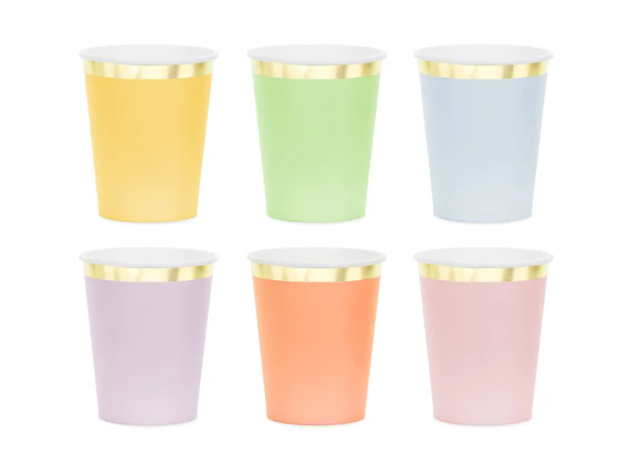 Partybecher-Pastell-Farben-mit-Goldenem-Rand-6er-Pack-220ml