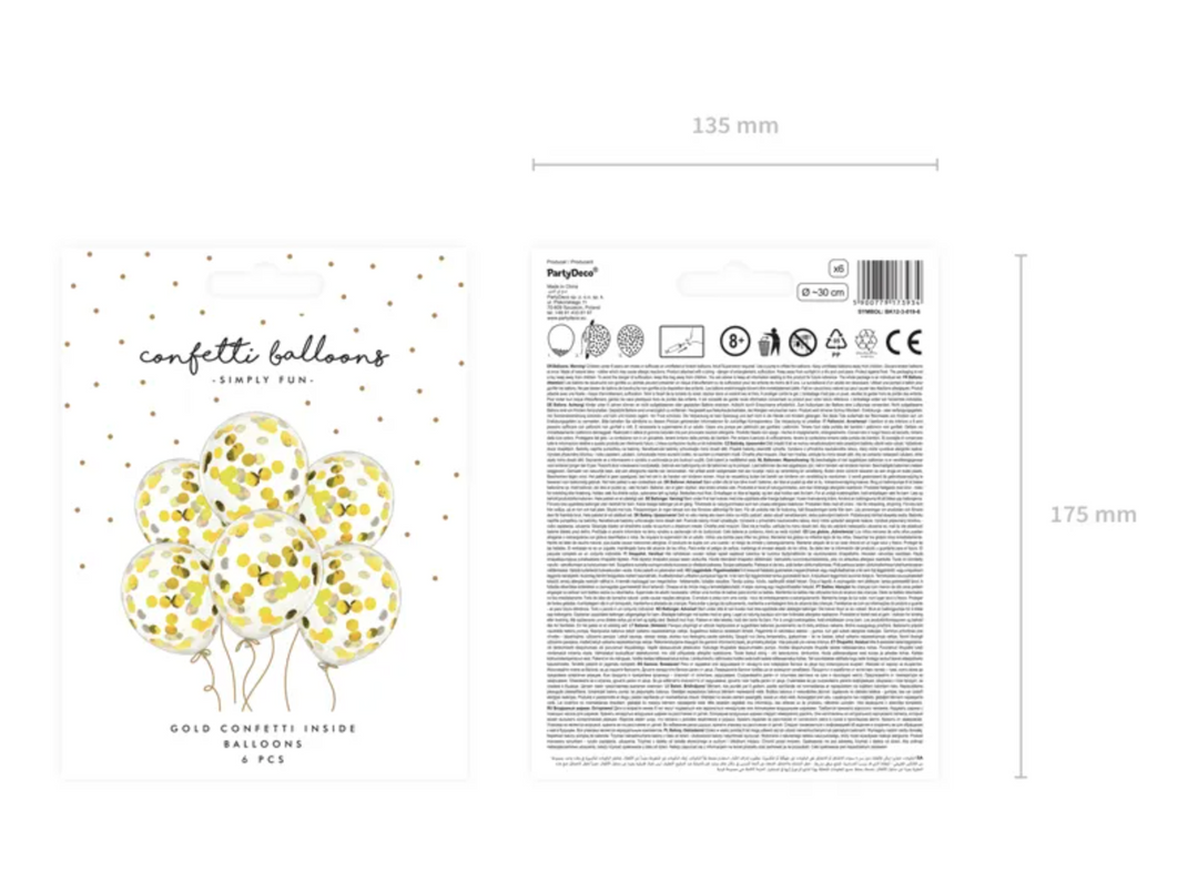Konfetti Luftballons Gold, transparente Ballons, 6 Stück