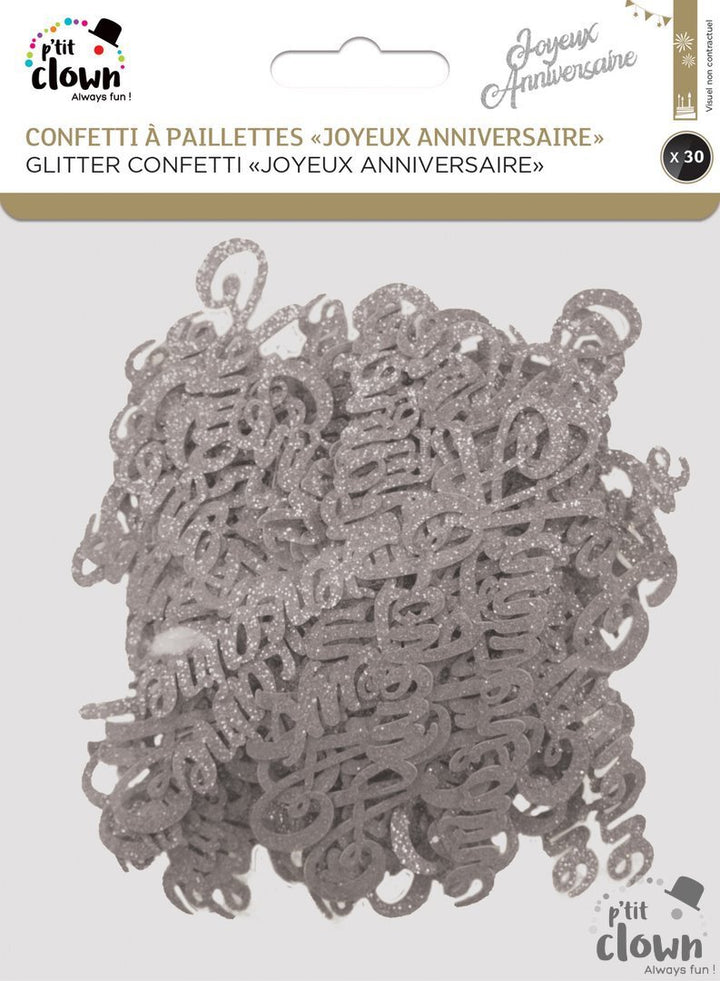 Party Konfetti silber glitzernd "Joyeux Anniversaire", 30tlg kinderparties-shop