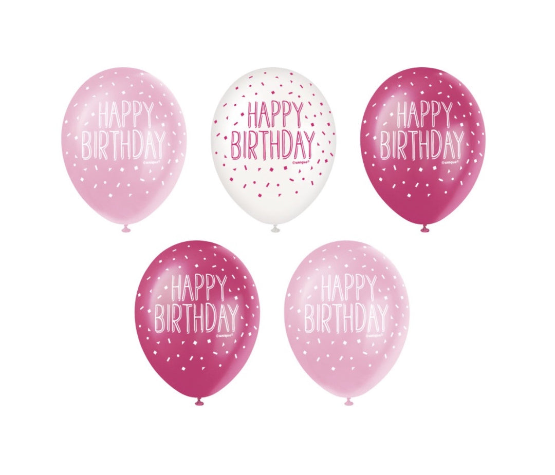 Luftballons-Happy-Birthday-Konfetti-Pink-Mix-5er-Pack-30-5cm