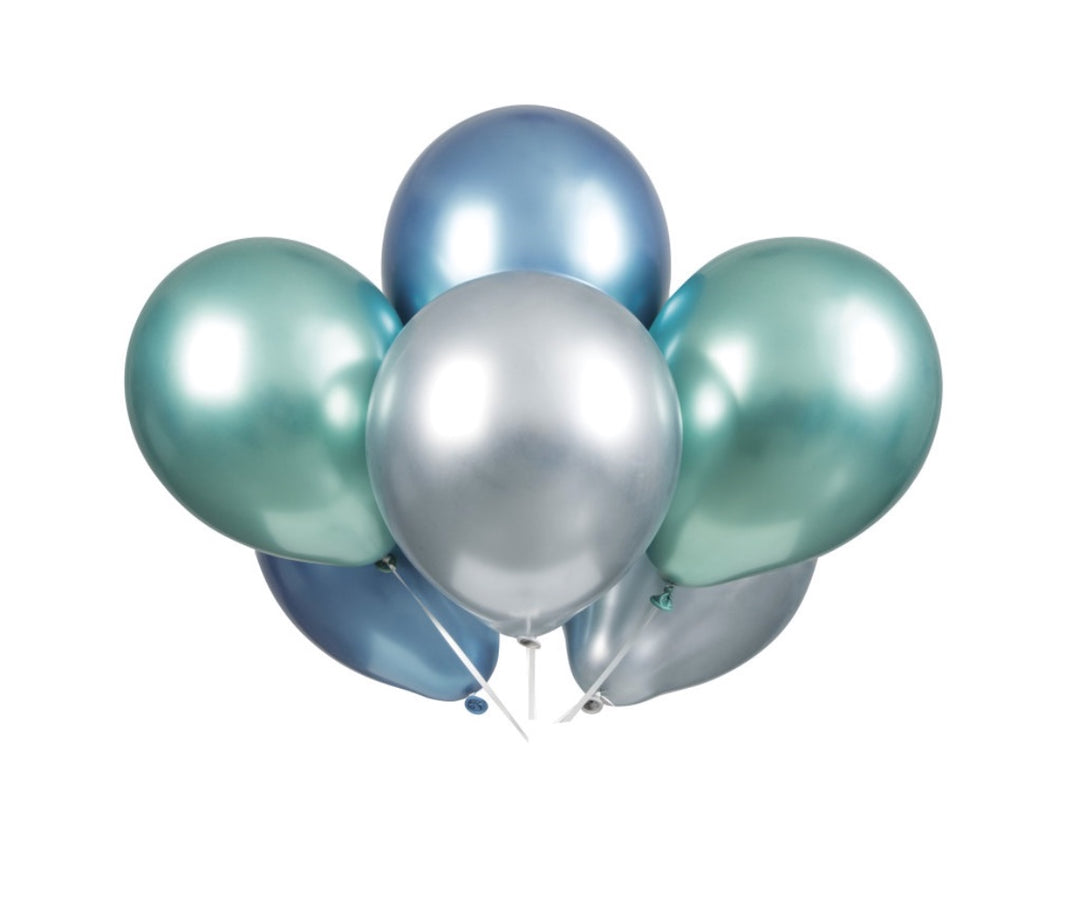 Luftballons-blau-grün-&-silber-metallic-27-5-cm-6er-Pack