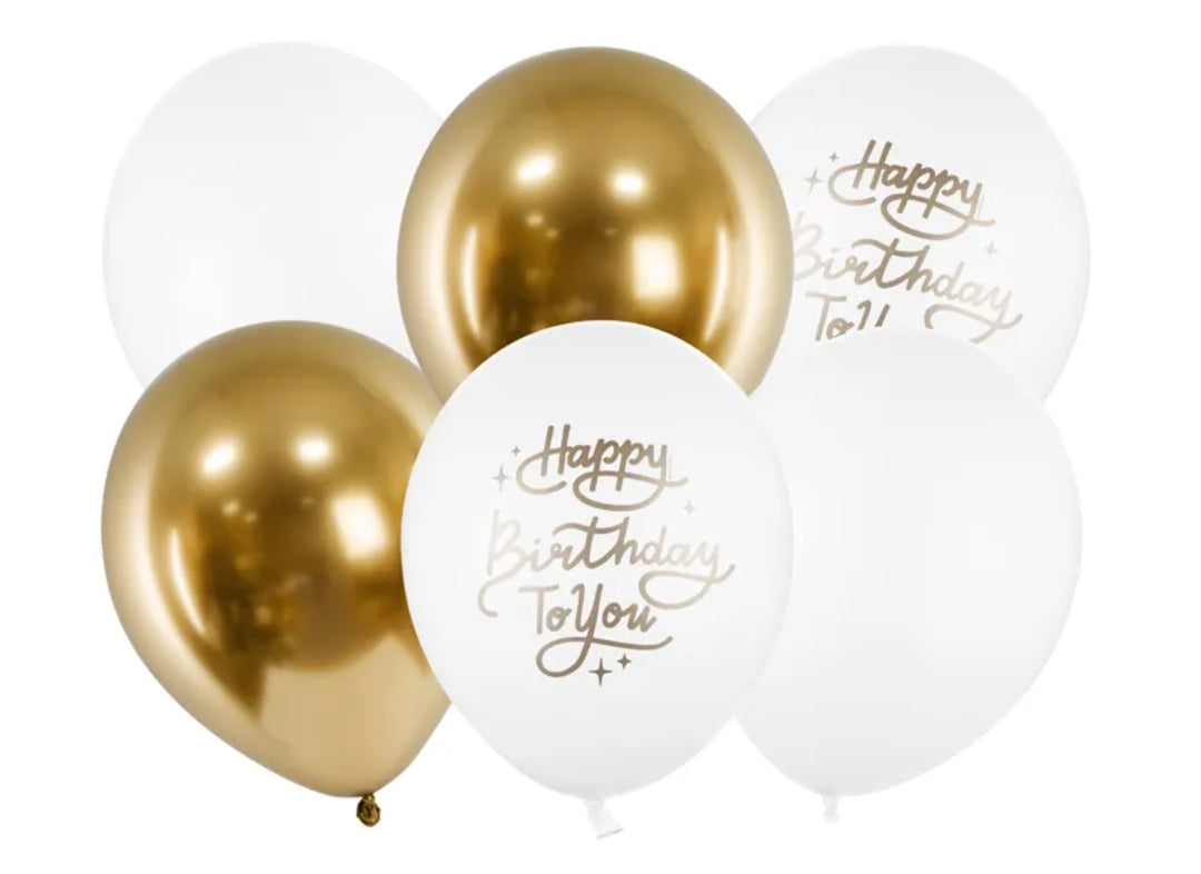 Luftballons-Happy-Birthday-Weiss-Gold-Mix-6er-Pack-30cm