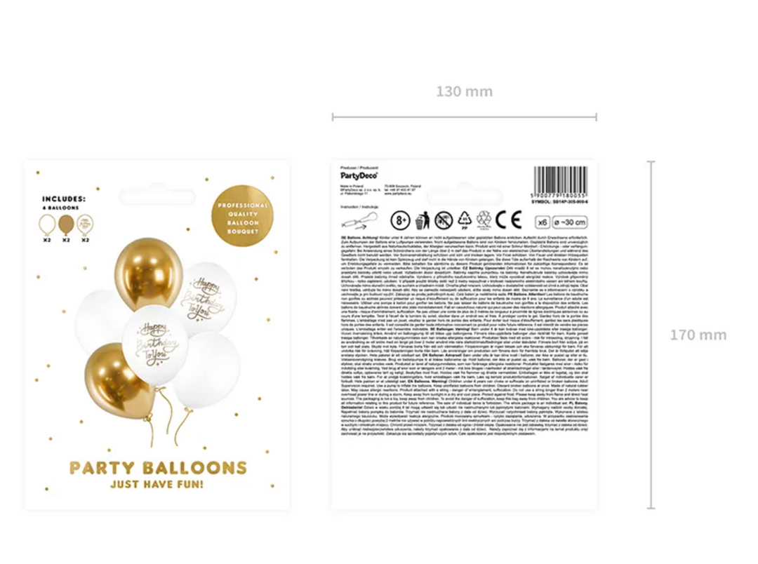 Luftballons-Happy-Birthday-Weiss-Gold-Mix-6er-Pack-30cm